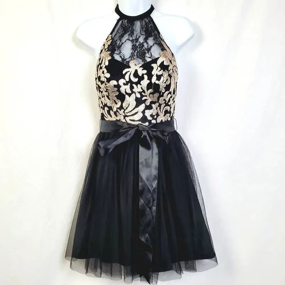Blondie Nites by Stacy Sklar Size 3 Black & Gold Halter Party Dress Tulle Skirt
